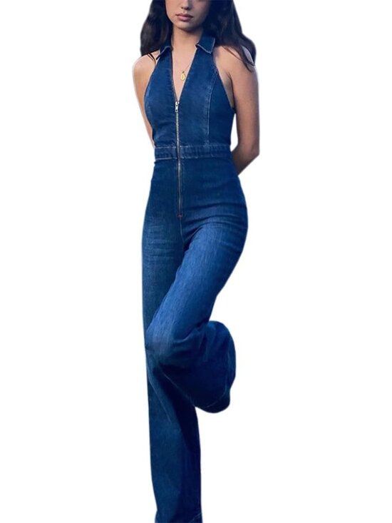 Pants - Denim Jumpsuit for Women Sexy Slim Fit Zipper Sleeveless V-Neck High Waist Fashi